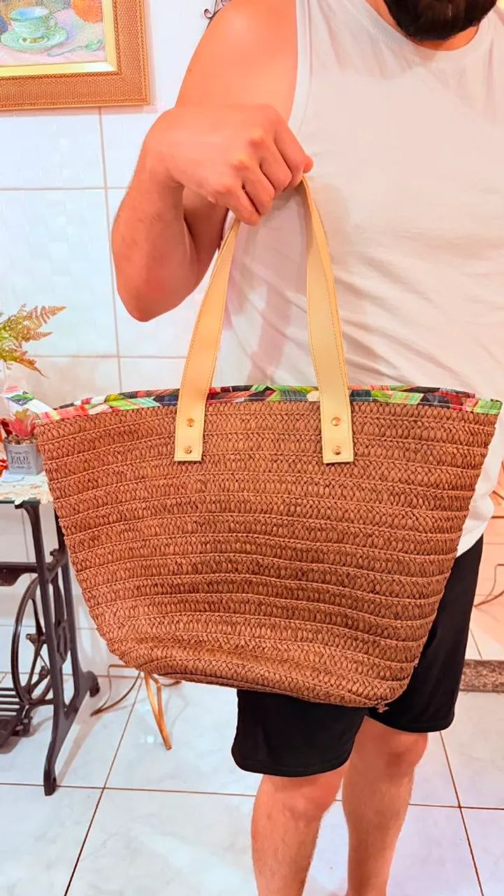 Bolsa de palha com forro estampado  - Foto 3