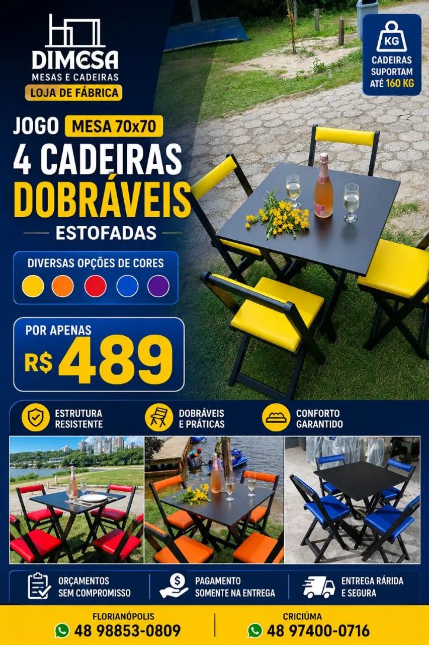 Conjunto estofado mesa 70x70 com 4 cadeiras dobráveis 