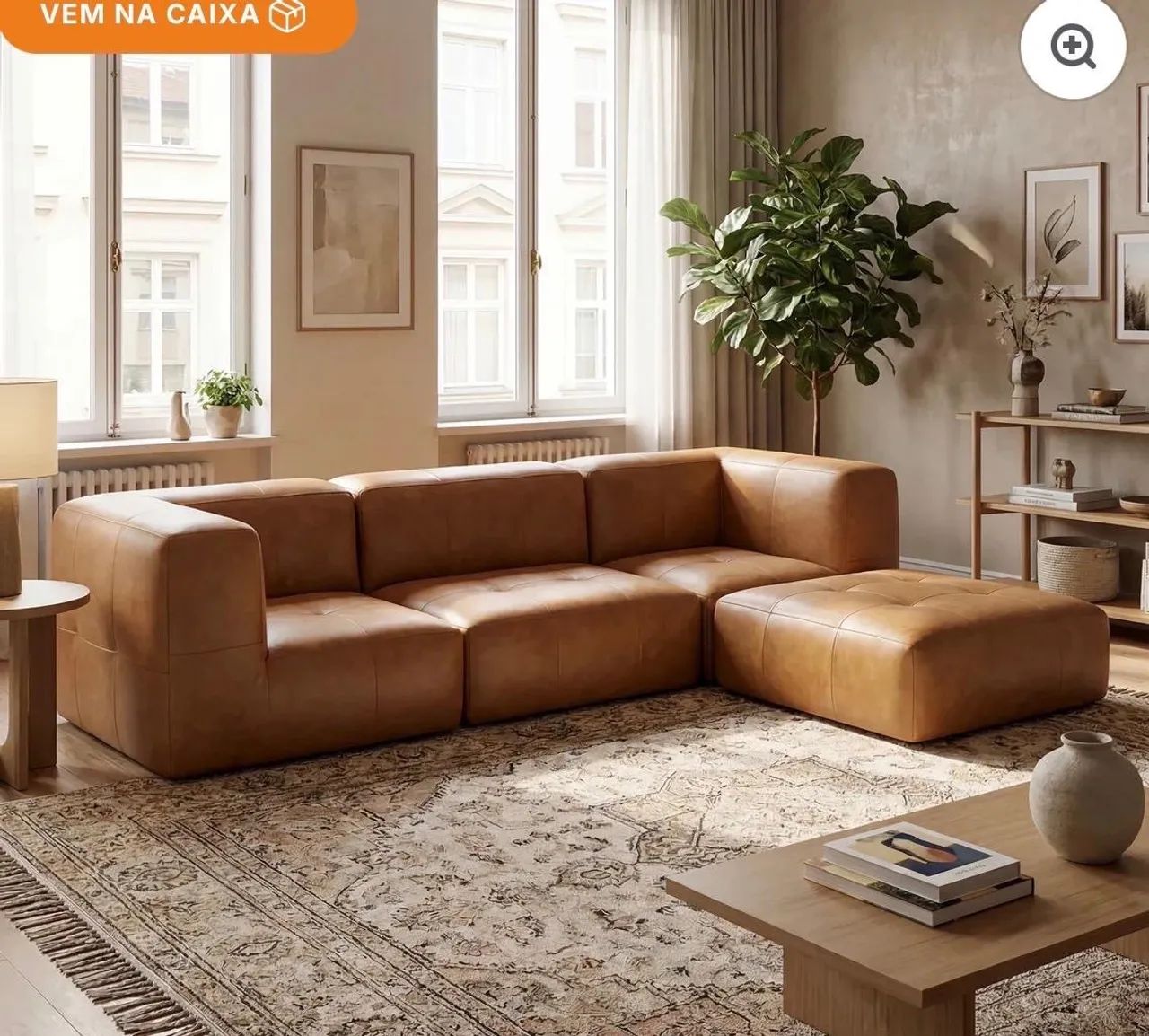 Sofá na Caixa modular 3 lugares Poli-Couro Marrom com Apoio de pé - Foto 3