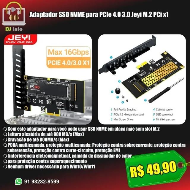 Adaptador SSD NVME para PCIe 4.0 3.0 Jeyi M.2 PCi x1