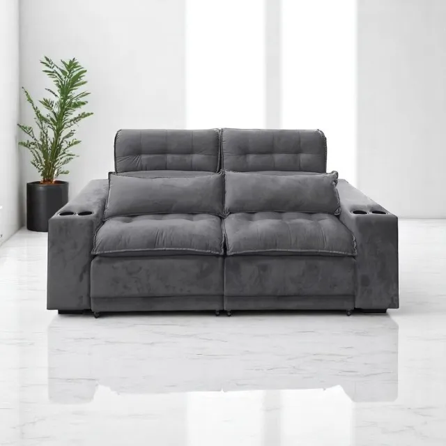 Sofá Retrátil Reclinável com Mega Pillowtop e Porta Copos