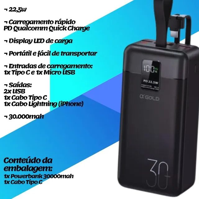CARREGADOR PORTÁTIL POWER BANK 30000MAH 22.5W - A?GOLD BTE-43 - Foto 2