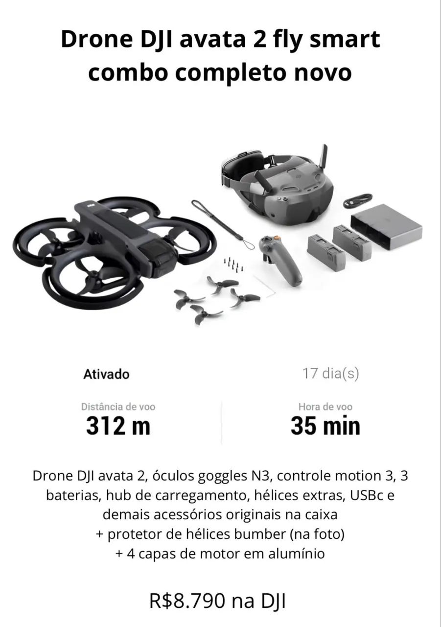 Drone DJI avata 2 fly smart combo completo novo + acessórios extra