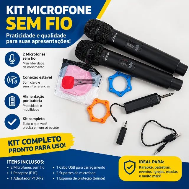 Kit com 2 Microfones Sem Fio Leson com Receptor e Acessórios - E036834