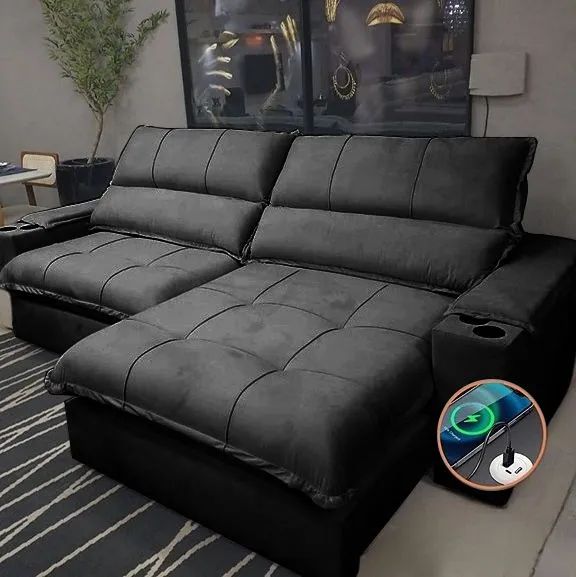 Sofá Afrodite 2.50m veludo retrátil e reclinável porta USB e copos / várias cores  - Foto 2