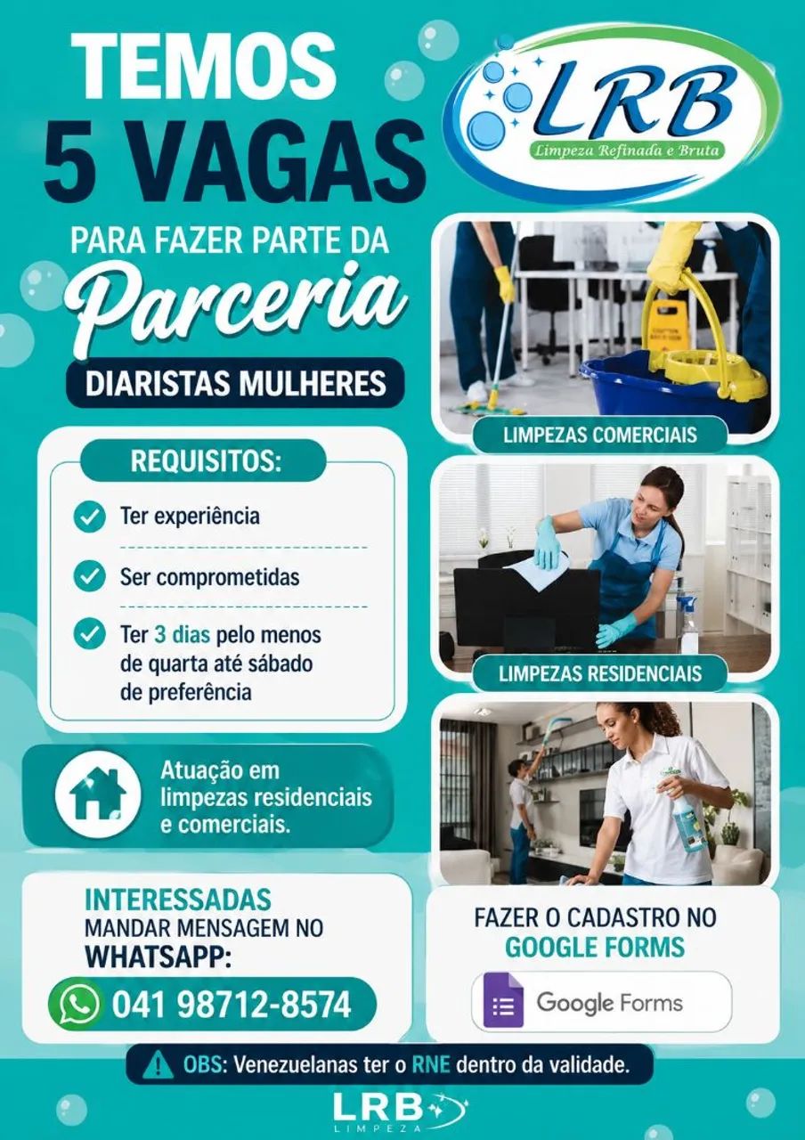 5 vagas de parceiras da LRB Limpezas 