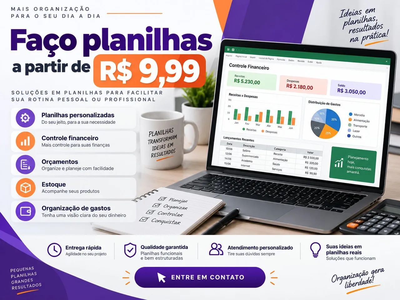 Planilhas personalizadas: controle financeiro, orçamento e estoque