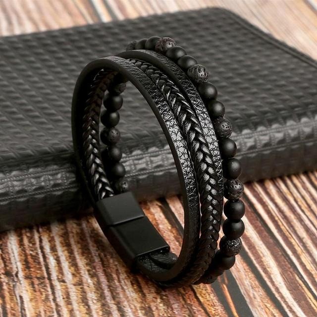 Pulseira de Couro Multi-camadas fivela magnetica aço inoxidável. 
