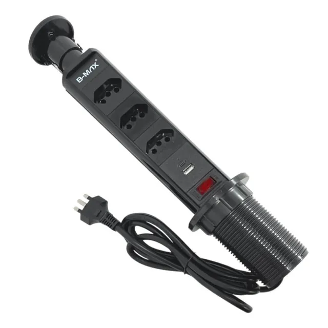 Torre Tomada Retrátil Push to Open 20A - Ideal para Cozinha e Escritório [Preto]. 