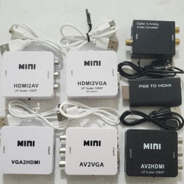 Vários modelos de adaptadores hdmi x vga, rca x vga, vga x hdmi, rca x hdmi, e adap ps2.