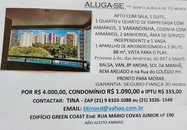 Captação de Apartamento para locação na Rua Mário Covas Júnior, Barra da Tijuca, Rio de Janeiro, RJ