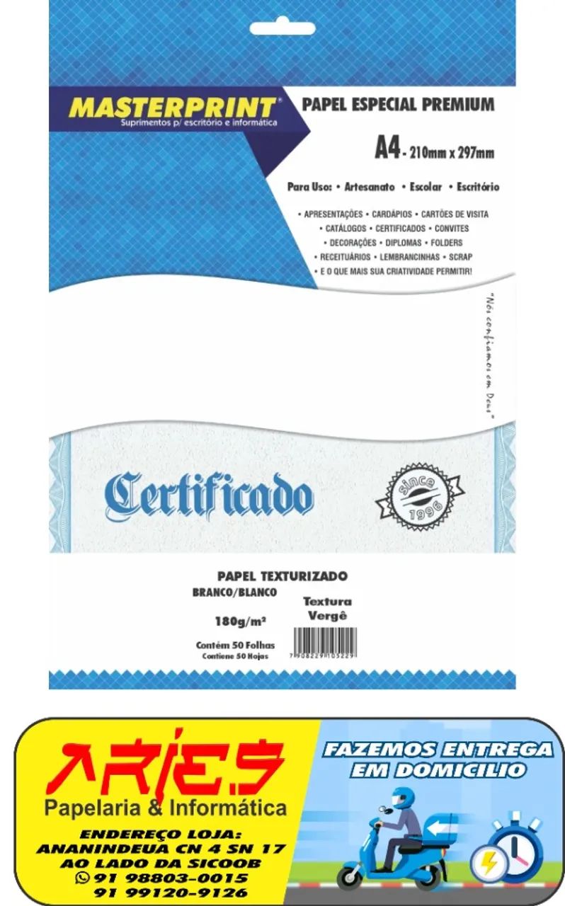 PAPEL VERGÊ BRANCO 180G MASTERPRINT A4 50 FOLHAS