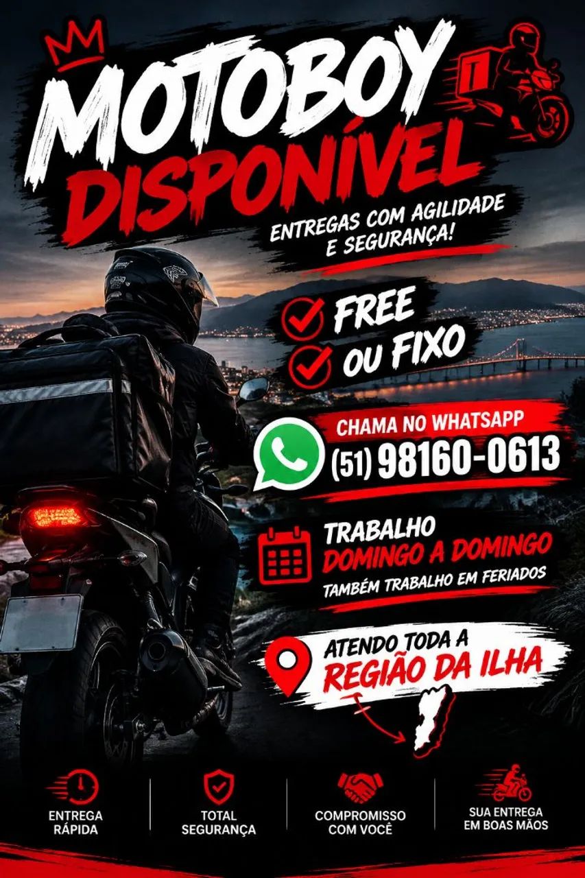 motoboy disponível, qualquer dúvida chamar no whats ou no privado. 