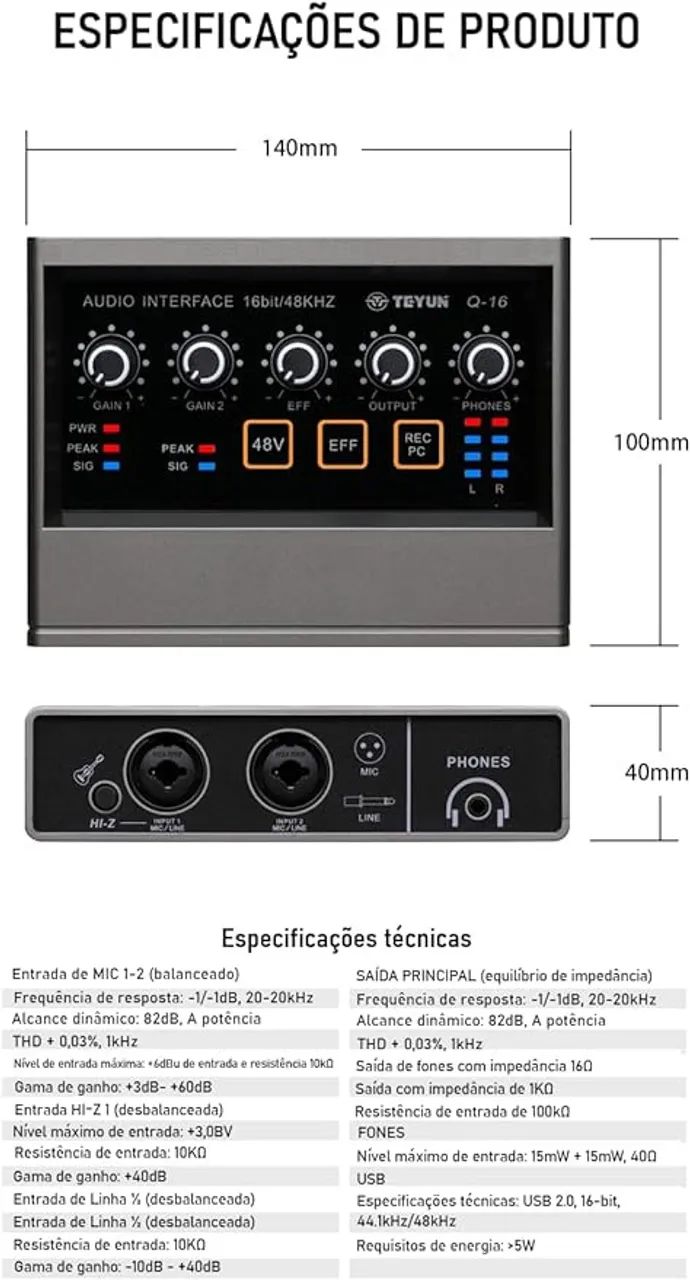 Interface de Áudio USB Teyun Q-16 - Foto 4