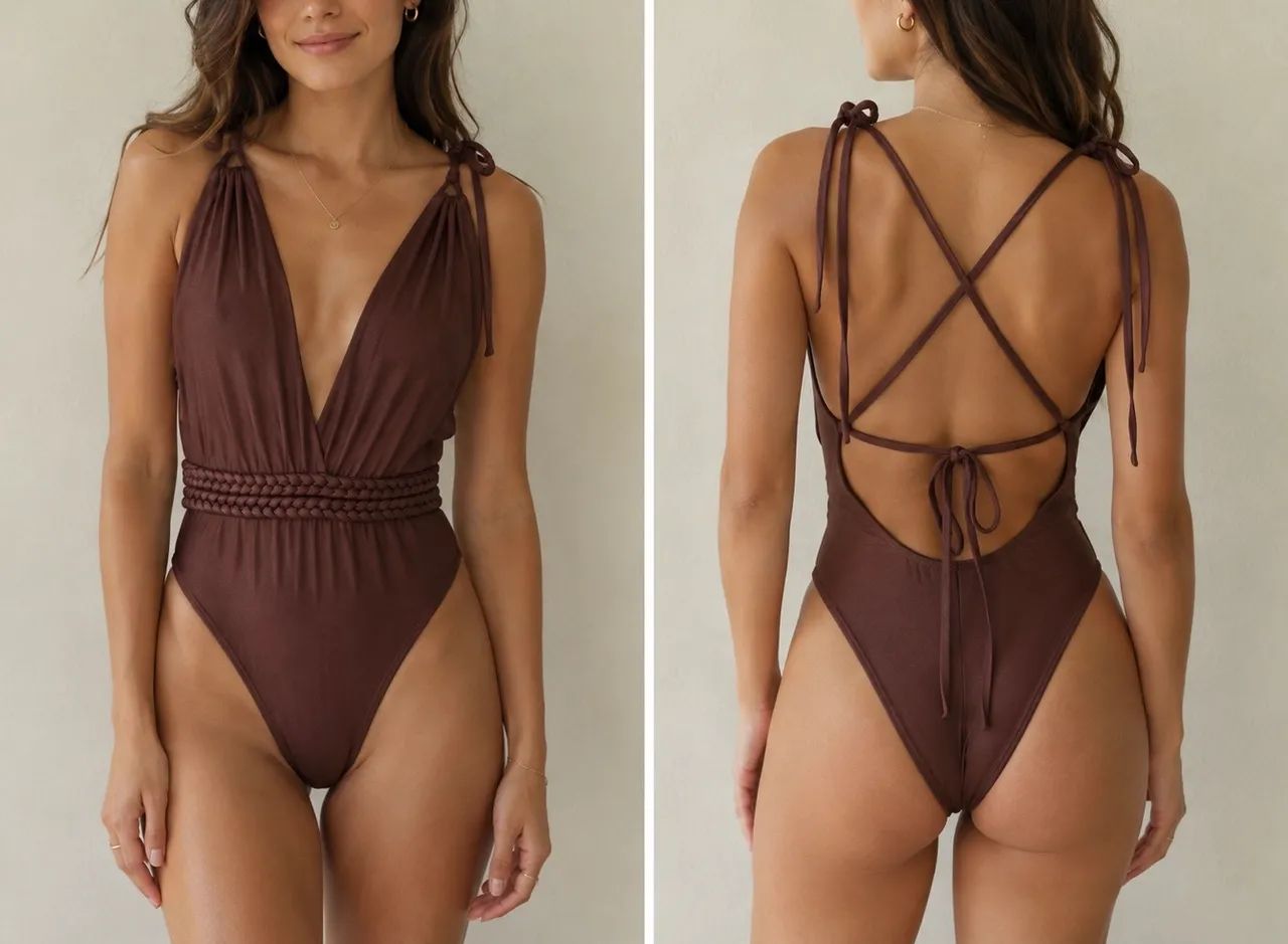 Body com decote nas costas e diferentes amarrações 