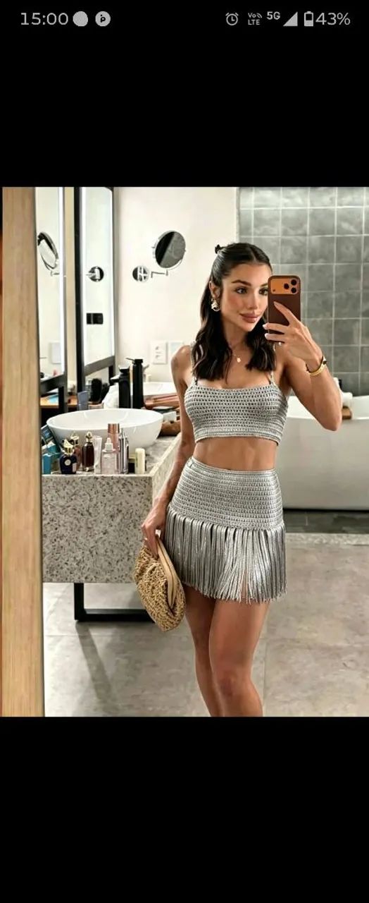 Conjunto crochê prata réveillon franja