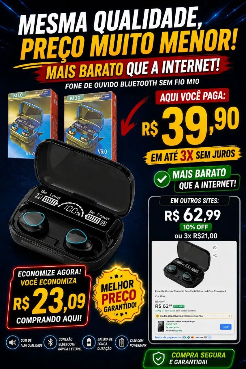 Fone de ouvido bluetooth sem fio