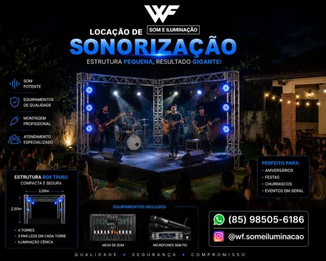 Aluguel de palco, som, iluminação, painel de led