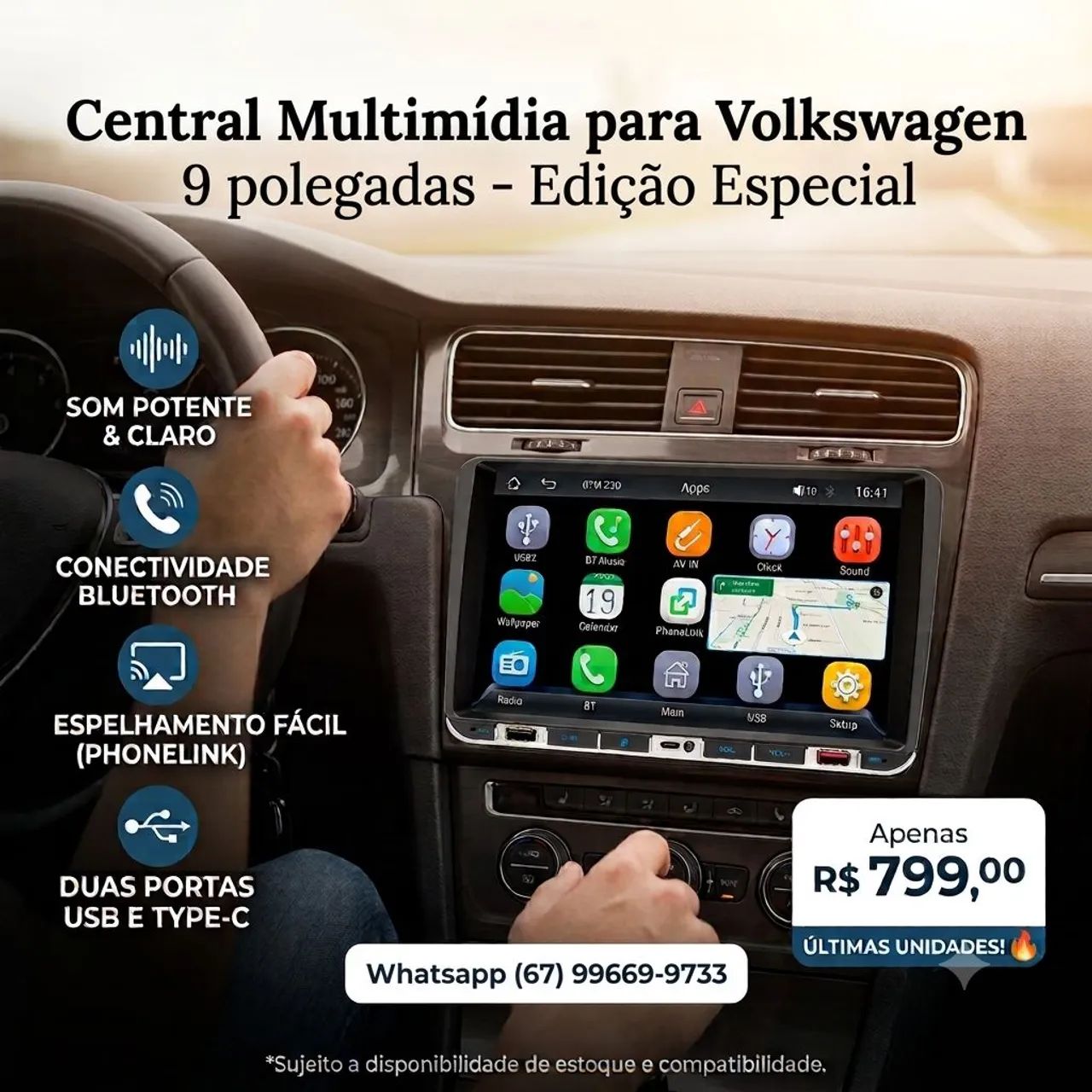 Central Multimídia Volkswagen 9" Bluetooth PhoneLink USB Type-C