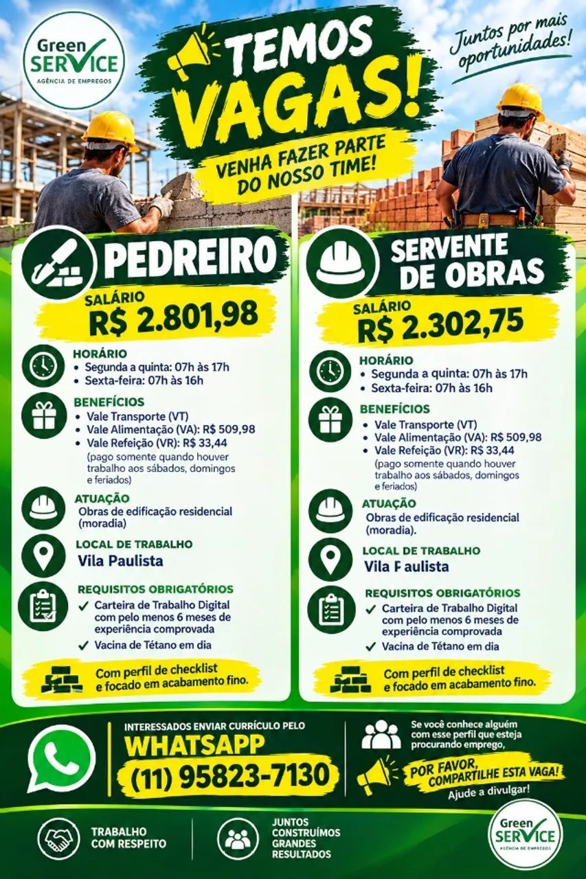 SERVENTE DE OBRAS e PEDREIRO