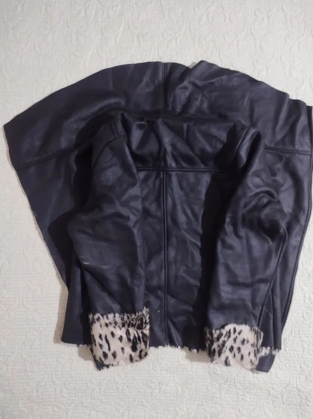 Black leather jacket with leopard lining