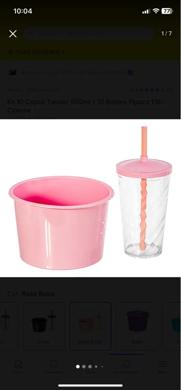 5 Kit Copos Twister 500ml e Baldes Pipoca Rosa Bebê Cinema