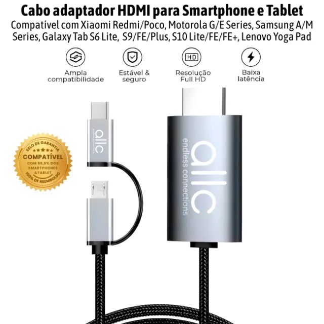 Cabo Adaptador USB-C Micro USB para HDMI Compatível com Samsung Xiaomi Motorola S6 Lite