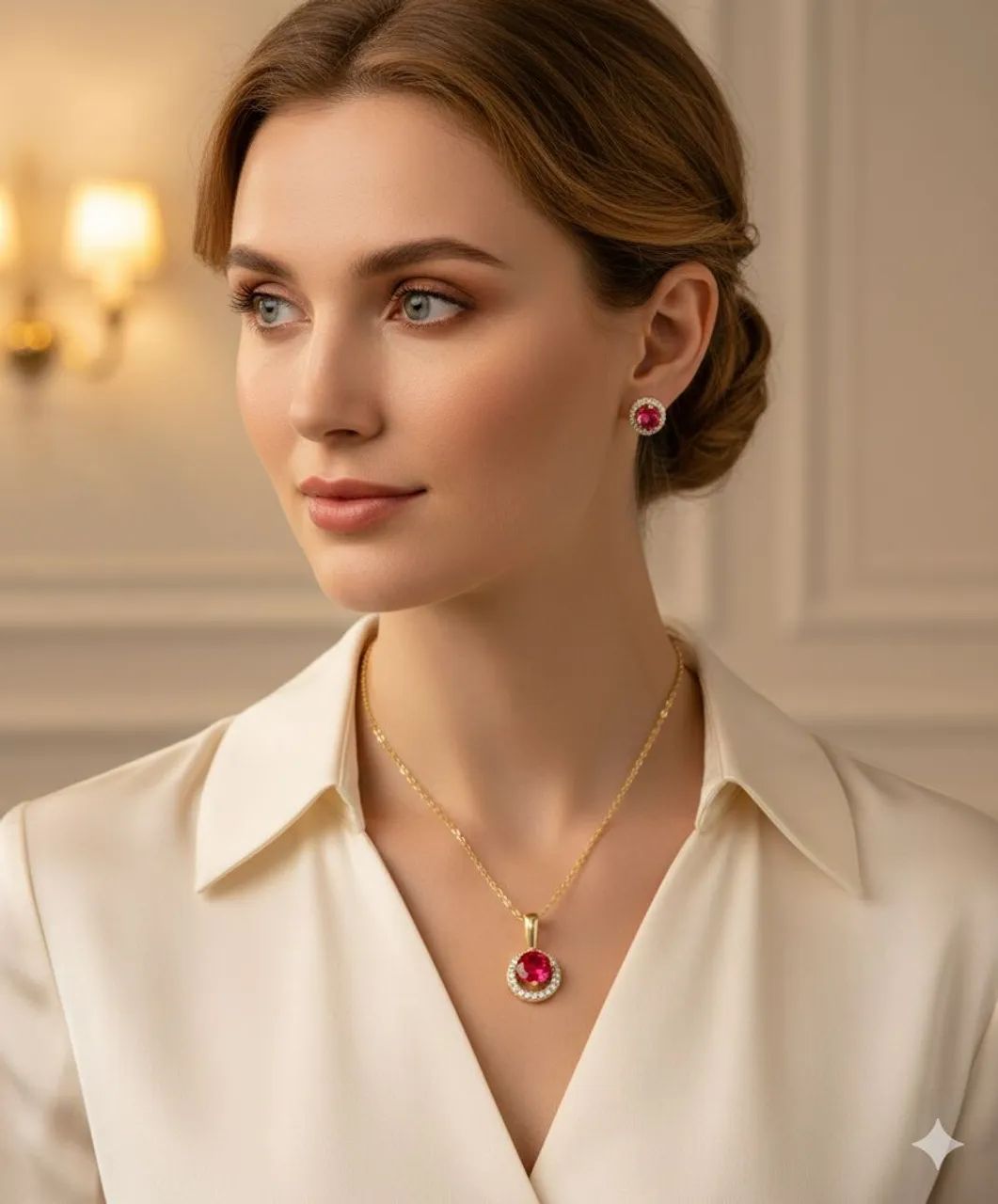 Conjunto colar e brinco com pedra rubi cravejado folheado em ouro 18k  - Foto 3