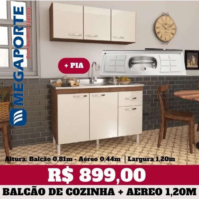 Balcão de Cozinha com Pia de Inox 1,20m + Aéreo 3 Portas (Novo) Entrega Grátis!  - Foto 2