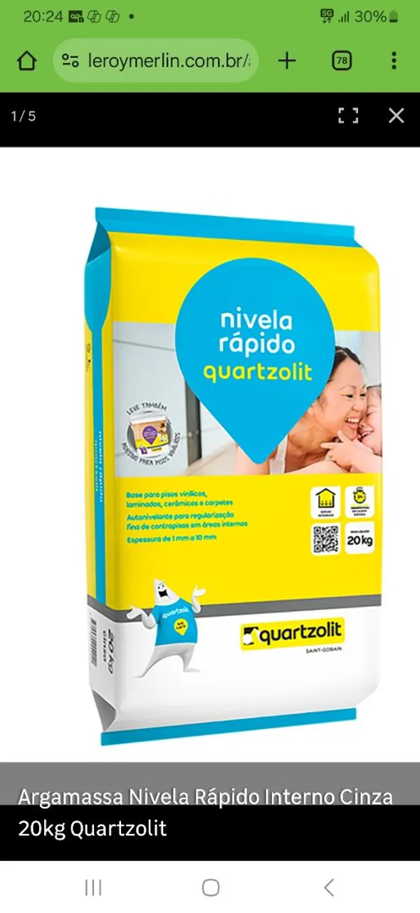 Argamassa Nivela Rápido Interno Cinza 20kg Quartzolit