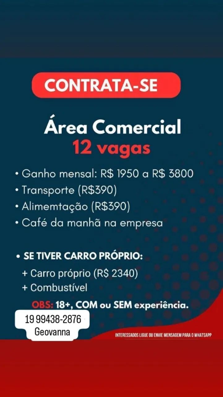 Vagas Área Comercial - R$ 1950 a R$ 3800