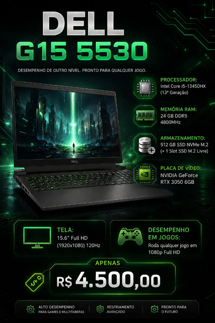 Notebook Dell i5 12ª Geração SSD 512GB NVMe Tela Full HD 120Hz