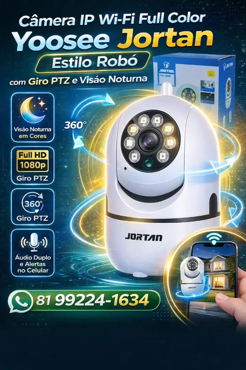Câmera de Segurança IP Wi-Fi Full HD 1080p Yoosee Jortan com Giro PTZ 360°