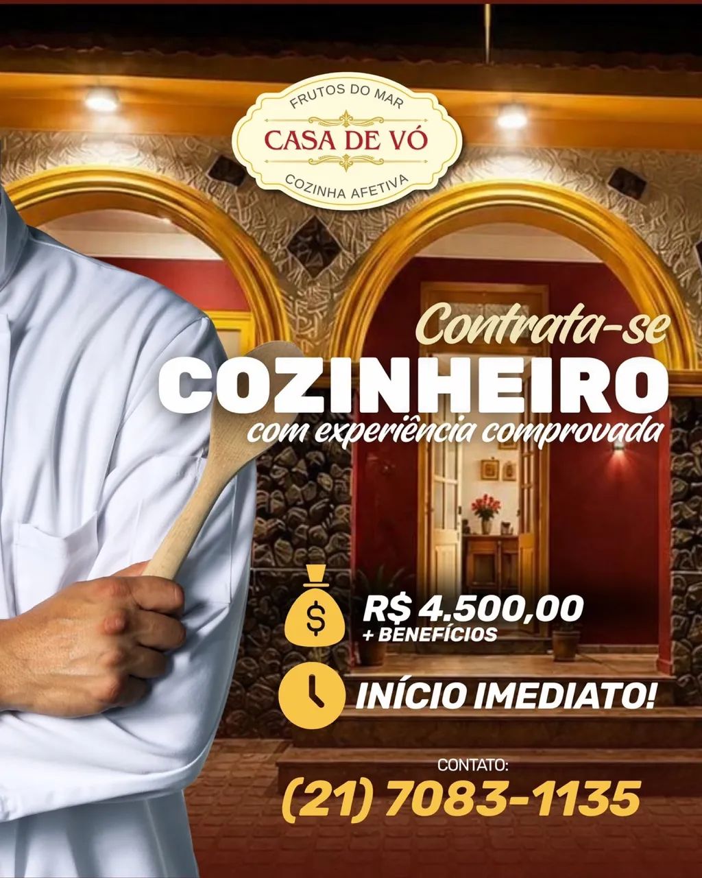 Contrata-se Cozinheiro   (SALARIO 4.500 )restaurante em Ilha de Paquetá