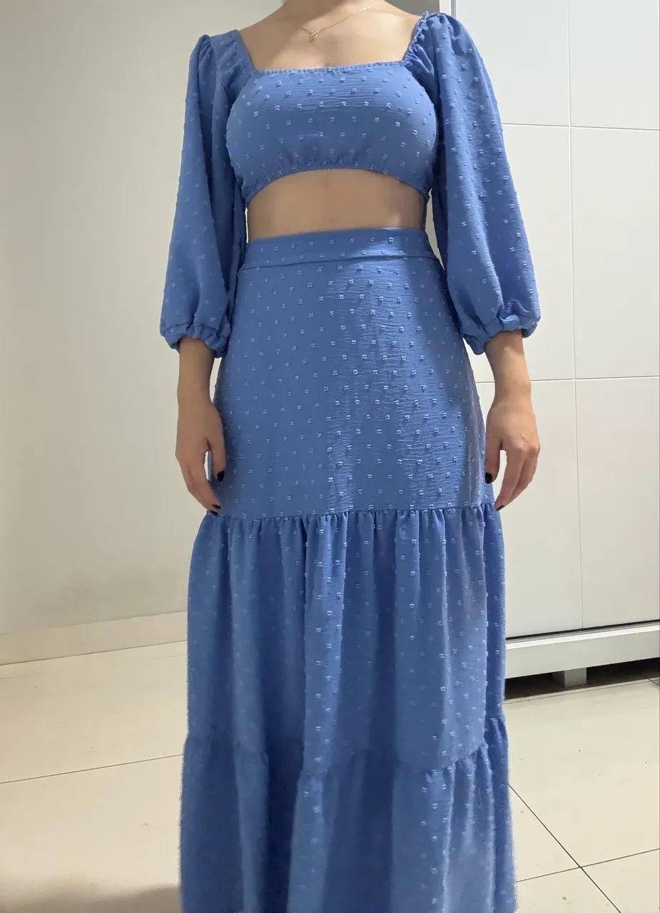 Conjunto saia longa e cropped texturizado em poá - Foto 2
