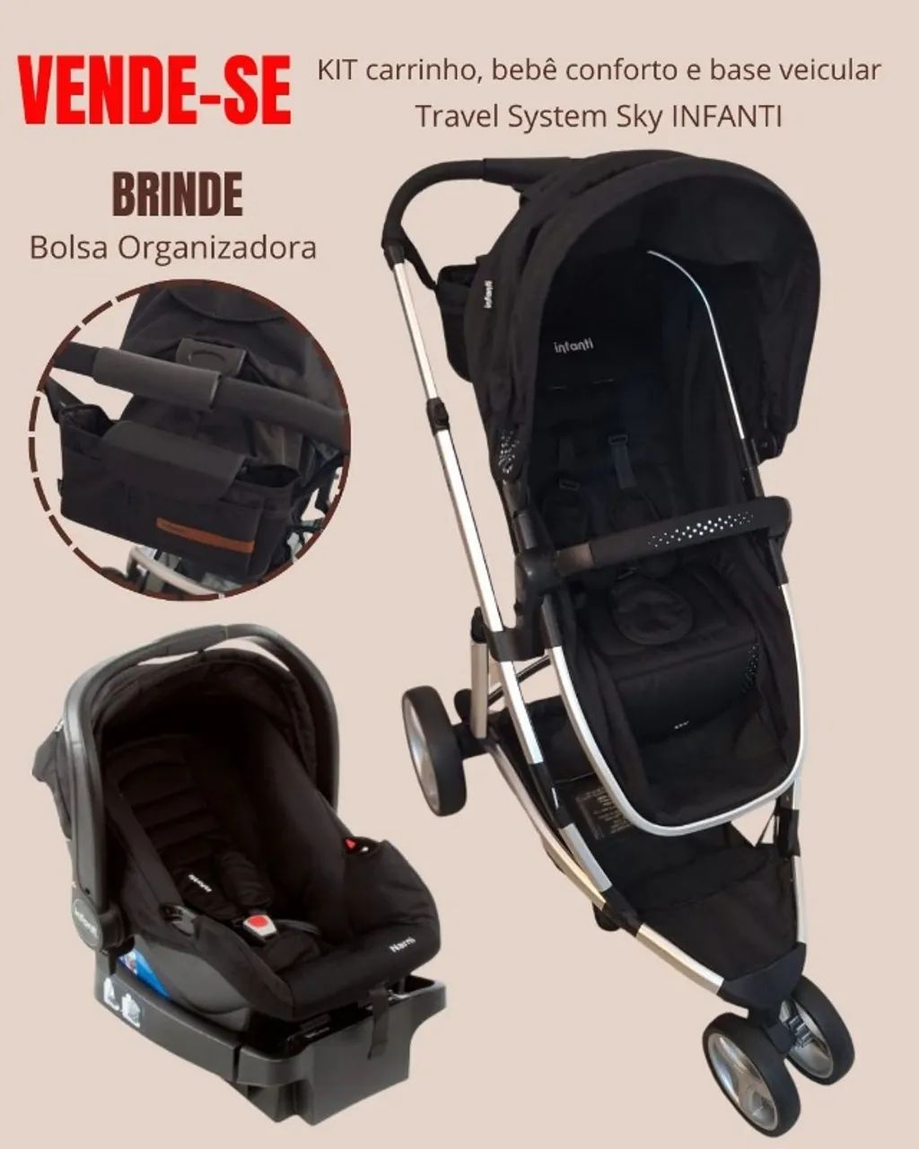 KIT carrinho, bebê conforto e base veicular - Travel System Sky INFANTI 
