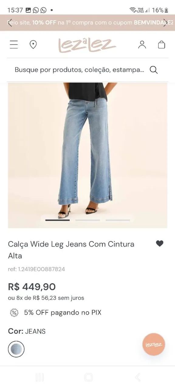 Calça Wide Leg Jeans Com Cintura Alta