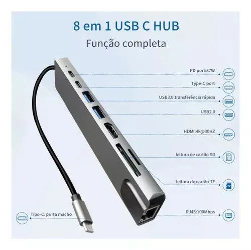 USB dock hub extensor extensor Tipo C/8 EM 1 HDMI/RJ45/PD 87w/Usb 3.0/Usb 2.0/TF-SD Card - Foto 4