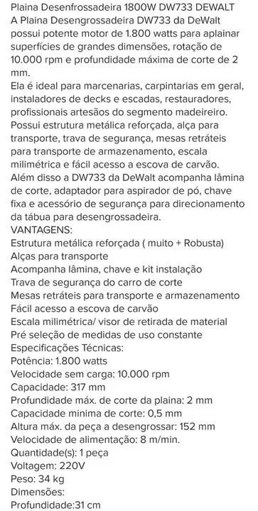 Plaina Desengrossadeira 1800w Dw733 - Foto 4