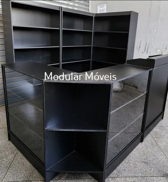 Balcão Caixa em L + 2 Balcões Vitrine + 3 Estantes Prateleiras - MDF Preto