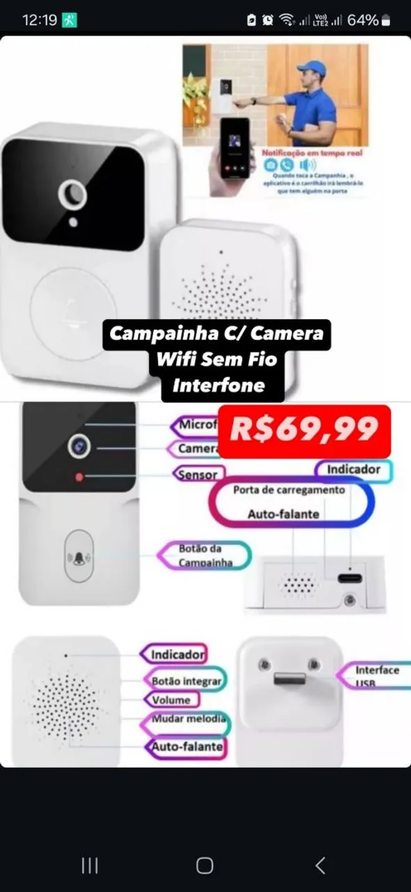 Campainha C/ Câmera Wifi Sem Fio Interfone