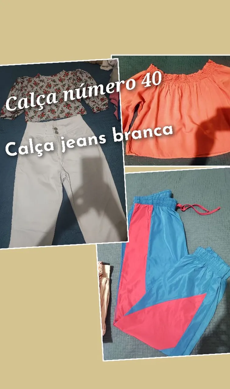 Peças de roupa femininas - Calça jeans branca, blusa e calça colorida