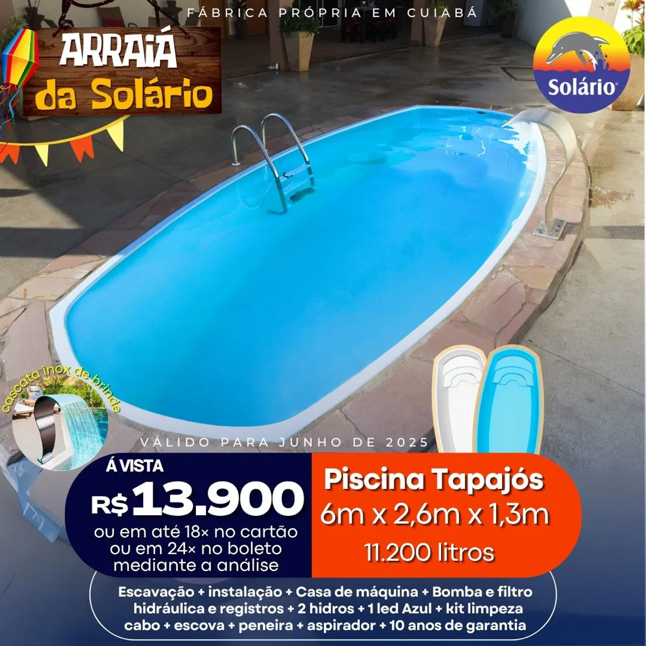 Piscina Tapajós 6m x 2,6m x 1,3m - Arraia da Solário