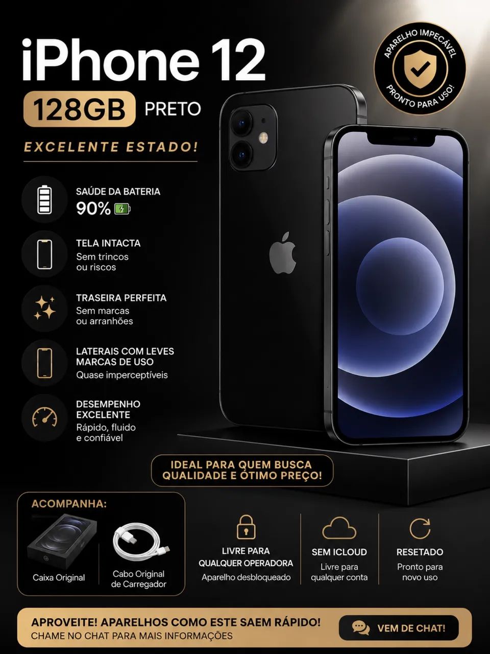iPhone 12 128GB Preto - Impecável, 90% bateria + Caixa - Celulares