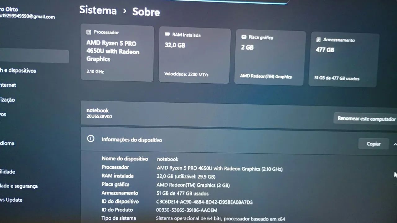 Notebook thinkpad Ryzen 5 Pro 4650U 