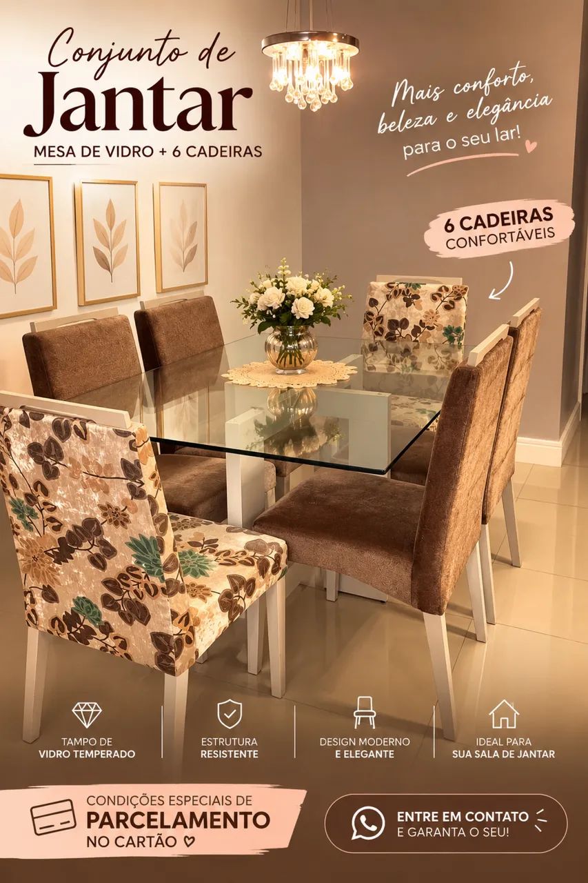 Mesa de vidro com seis lugares + cadeiras 