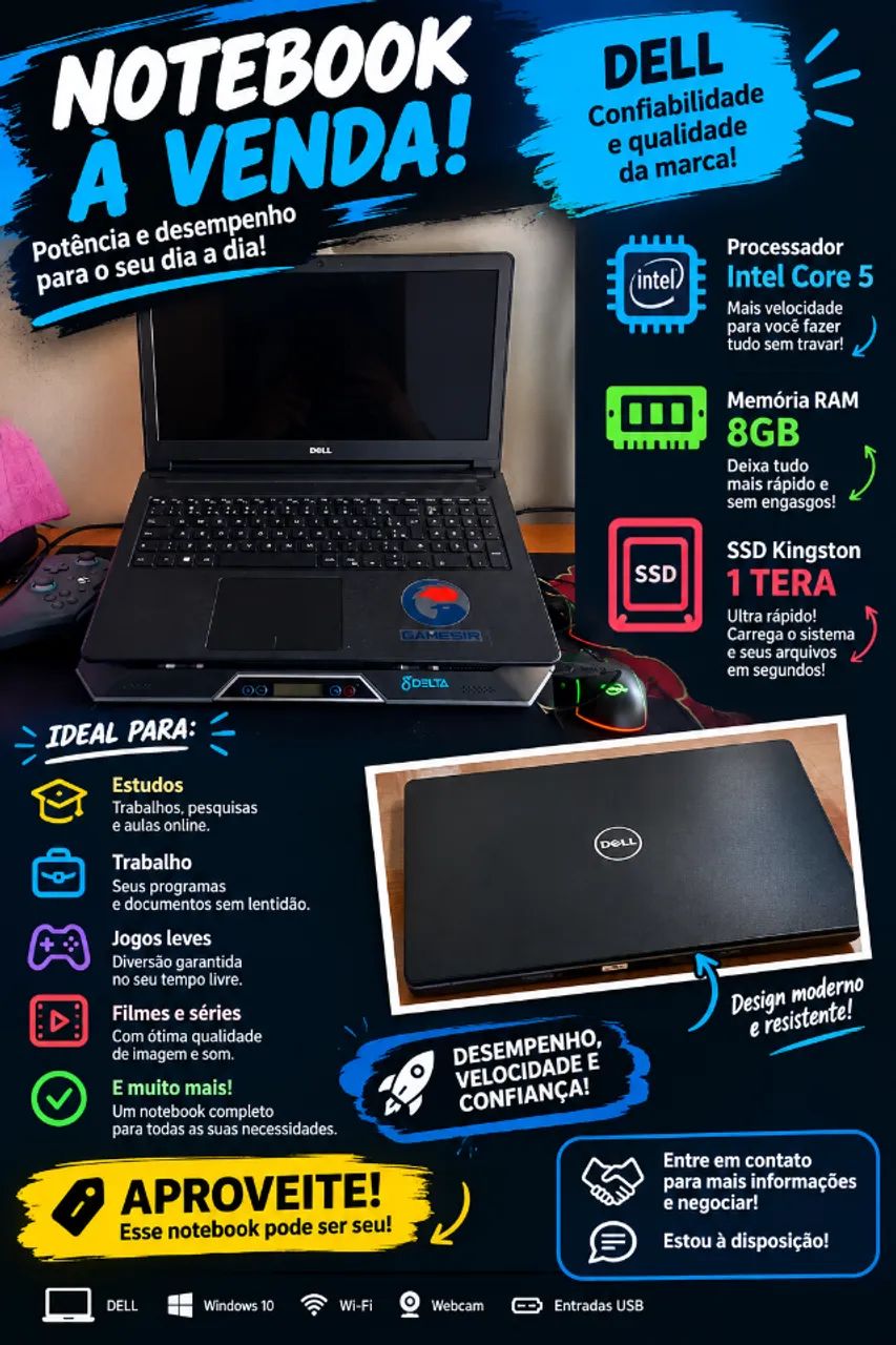NOTEBOOK DELL À VENDA - SSD 1TB + 8GB RAM! 