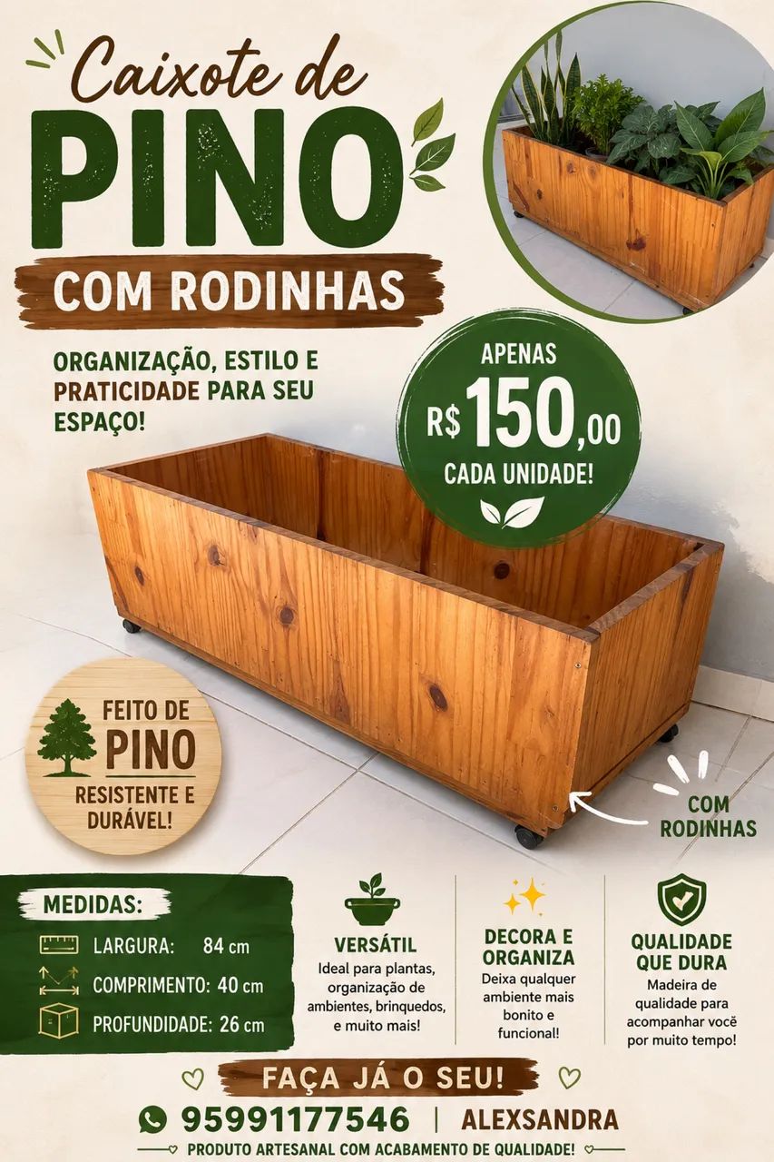 Caixote de pino envernizado com rodinha 
