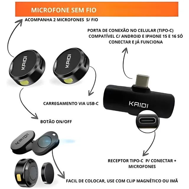 Microfone de Lapela Sem Fio Duplo Kaidi Tipo-C com Redução de Ruído - Foto 4