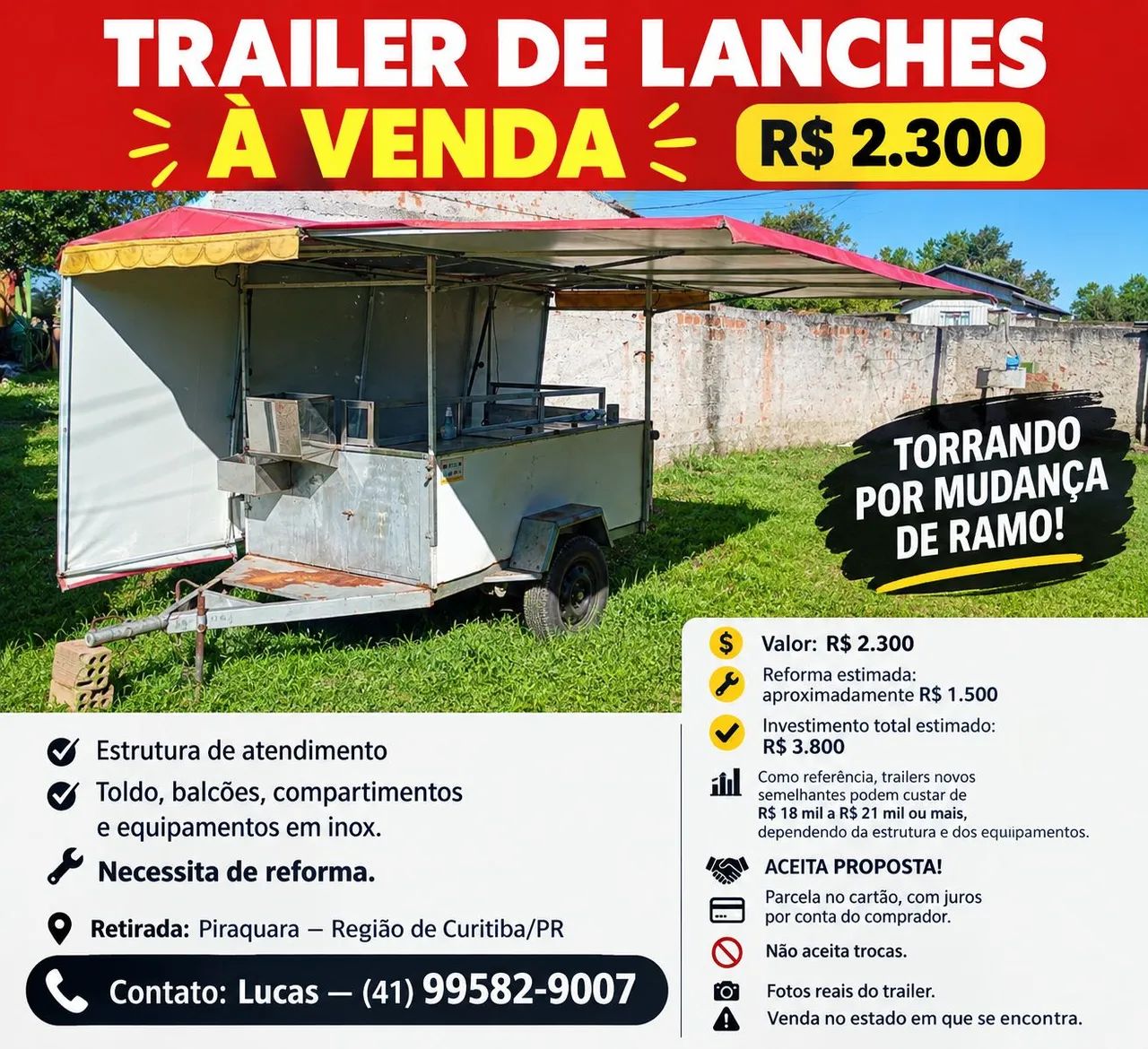 TRAILER DE LANCHES À VENDA ? R$ 2.300